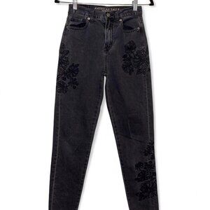 American Eagle Black Denim Jeans Floral Embroidery Size 00